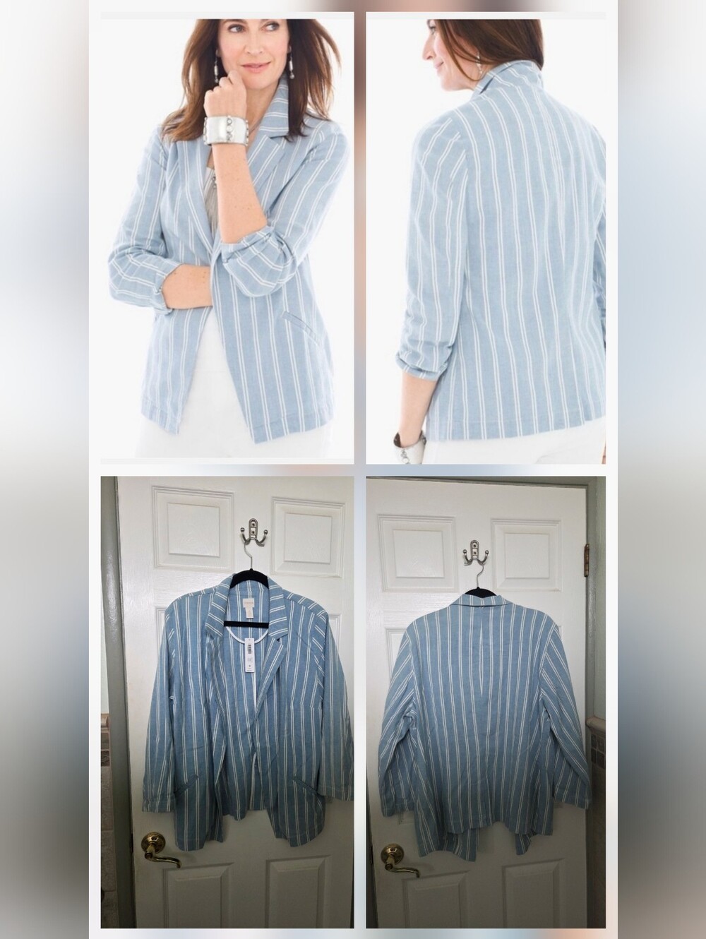 Chico's Light Blue and White Striped Cotton Blazer Contemporary Office Career XL